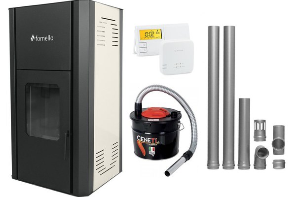 Pachet Termosemineu peleti Fornello Primo Pellet Ivory 30 kw, complet echipat cu pompa, vas expansiune, automatizare, culoare Ivory, kit evacuare 2.5 ml, Termostat Salus 091FLRFV2, Aspirator Cenusa
