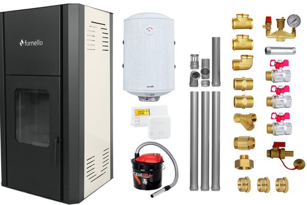 Pachet Termosemineu peleti Fornello Primo Pellet Ivory 30 kw, complet echipat pentru incalzire, pompa, vas expansiune, automatizare, kit evacuare 3.5 ml, Boiler Termoelectric Fornello 100 l, Termostat Salus 091FLRFV2, Aspirator si kit montaj