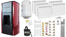 Pachet Termosemineu peleti Fornello Royal Bordeaux 25 kw, complet echipat, pompa circulatie, vas expansiune, automatizare, Calorifere aluminiu, Boiler, kit evacuare 3.5 ml, Aspirator Cenusa, Termostat Salus 091FLRFV2 si Fitinguri