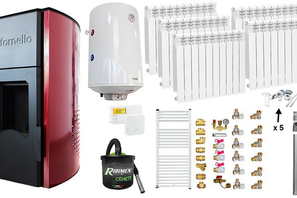 Pachet Termosemineu peleti Fornello Royal Bordeaux 25 kw, complet echipat, pompa circulatie, vas expansiune, automatizare, Calorifere aluminiu, Boiler, kit evacuare 3.5 ml, Aspirator Cenusa, Termostat Salus 091FLRFV2 si Fitinguri