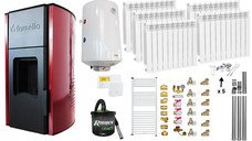 Pachet Termosemineu peleti Fornello Royal Bordeaux 25 kw, complet echipat, pompa circulatie, vas expansiune, automatizare, Calorifere aluminiu, Boiler, kit evacuare 3.5 ml, Aspirator Cenusa, Termostat Salus 091FLRFV2 si Fitinguri