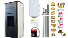 Pachet Termosemineu peleti Fornello Royal Ivory 25 kw, complet echipat pentru incalzire, pompa circulatie, vas expansiune, automatizare, kit evacuare 3.5 ml, Boiler Termoelectric Fornello 100 l, Termostat Salus 091FLRFV2, Aspirator si kit montaj