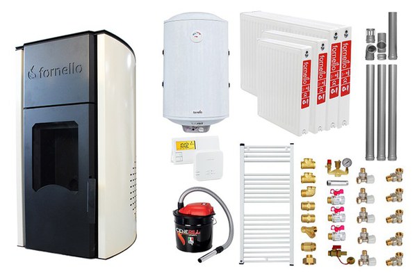 Pachet Termosemineu peleti Fornello Royal Ivory 25 kw, complet echipat, pompa circulatie, teava hidronix, vas expansiune, automatizare, kit evacuare 3.5 ml, Boiler Termoelectric Fornello 100 l, Termostat Salus 091FLRFV2, Aspirator, Calorifere si kit