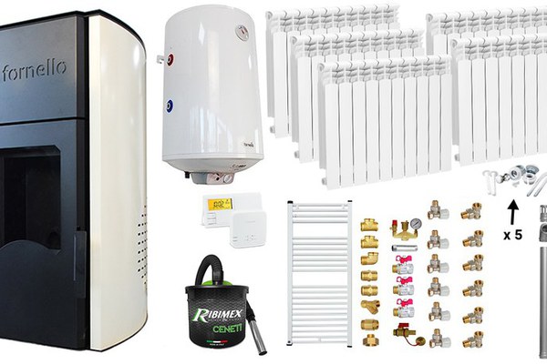 Pachet Termosemineu peleti Fornello Royal Ivory 25 kw, complet echipat, pompa circulatie, vas expansiune, automatizare, Calorifere aluminiu, Boiler, kit evacuare 3.5 ml, Aspirator Cenusa, Termostat Salus 091FLRFV2 si Fitinguri