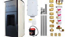 Pachet Termosemineu peleti Fornello Royal Ivory 30 kw, complet echipat pentru incalzire, pompa circulatie, vas expansiune, automatizare, kit evacuare 3.5 ml, Boiler Termoelectric Fornello 100 l, Termostat Salus 091FLRFV2, Aspirator si kit montaj