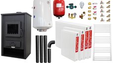 Sistem de incalzire si apa calda pentru 3 camere - Termosemineu pe lemne Fornello PADOVA E, 19.4 kW, 80l boiler, kit complet