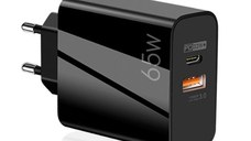 Adaptor Alimentare NEGRU 1 USB + 1 USB C 65W Incarcator Rapid si Cablu Iphone