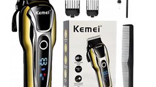 Aparat de tuns Kemei KM 1990 fara fir acumulator 2000 mAh display LCD lama inox