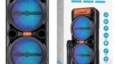 Boxa portabila GTS-1880 cu Bluetooth, 2 difuzoare de 6,5 inch, LED RGB si microfon wireless