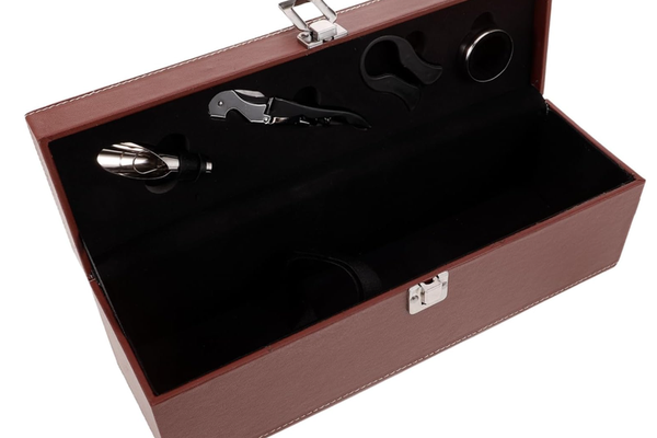 Cutie pentru Vin cu 4 Accesorii Tirbuson taietor capison inel dop metalic PIELE MARO