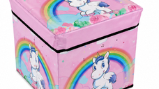 Cutie pliabila pentru depozitare tip taburet cu UNICORN 30x30x30 cm ROZ patrata