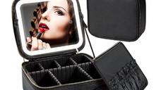 Geanta de cosmetice cu oglinda LED si compartiment pentru pensule