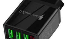 Incarcator PRIZA 3 USB cu DISPLAY LED Inteligent negru Adaptor 220V