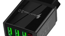 Incarcator PRIZA 3 USB cu DISPLAY LED Inteligent negru Adaptor 220V