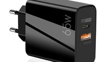 Incarcator Rapid NEGRU 65W cu 1 USB si 1 USB C - Solutie Eficienta pentru iPhone si Alte Dispozitive