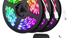 Kit banda LED RGB 15 m, 3 role de 5 m, telecomanda 24 taste