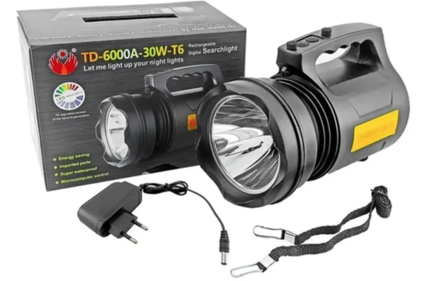 Lanterna Profesionala cu LED TD 6000A T6 de 30 W Acumulator Integrat Negru