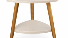 Masuta moderna cu 2 polite blat alb si picioare din lemn 50 x 40 cm triunghi