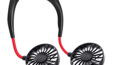 Mini ventilator portabil dublu pentru gat cu acumulator si 3 trepte de viteza ROSU/NEGRU OFF