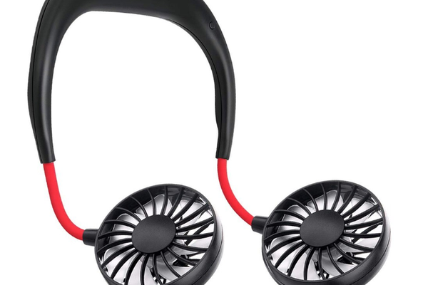 Mini ventilator portabil dublu pentru gat cu acumulator si 3 trepte de viteza ROSU/NEGRU OFF