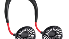 Mini ventilator portabil dublu pentru gat cu acumulator si 3 trepte de viteza ROSU/NEGRU OFF
