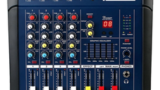 Mixer audio profesional cu amplificare putere 2x250 W 4 canale 16 efecte egalizator 5 benzi