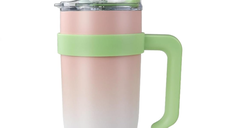 Pahar cu maner si pai reutilizabil marime MARE capac etans design modern degrade