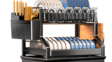 Scurgator vase automat suport tacamuri si pahare 2 niveluri 42 x 32.5 x 34 cm Negru