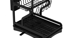 Scurgator vase cu suport de tacamuri si pahare negru 2 niveluri tava scurgere MZY 1139A