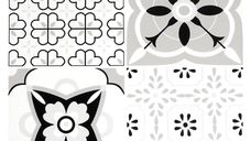 Set 12 placi autocolante din vinil 30 x 30 cm rezistente la apa model FLORAL ALB NEGRU DP0202