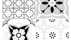 Set 12 placi autocolante din vinil 30 x 30 cm rezistente la apa model FLORAL ALB NEGRU DP0202