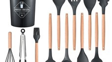 Set 12 ustensile de bucatarie Lemn/Silicon Negru