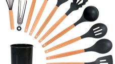 Set 12 Ustensile de Bucatarie Negre din Silicon cu Maner de Bambus - Calitate Premium