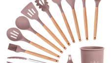 Set 13 Ustensile ROZ antiaderente de Bucatarie din silicon cu maner de Bambus calitate PREMIUM