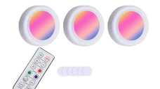 Set 3 Lumini pentru dulap Rotunde cu 5 moduri de iluminare si Telecomanda