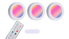 Set 3 Lumini pentru dulap Rotunde cu 5 moduri de iluminare si Telecomanda
