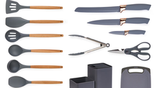 Set de 19 piese GRI ustensile de bucatarie cu tocator si suport depozitare inclus