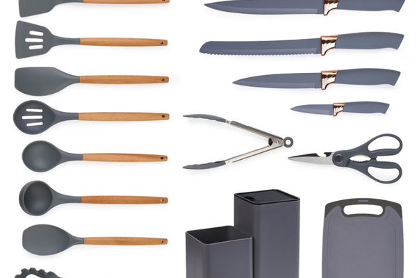 Set de 19 piese GRI ustensile de bucatarie cu tocator si suport depozitare inclus