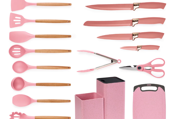 Set de 19 piese ROZ ustensile de bucatarie cu tocator si suport depozitare inclus ROZ