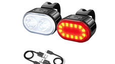 Set lumini bicicleta 078, LED T6 fata alba si spate rosie, 4 moduri, USB, negru