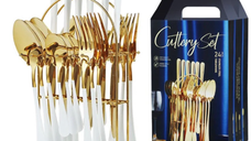 Set tacamuri 24 piese cu suport otel inoxidabil ALB AURIU