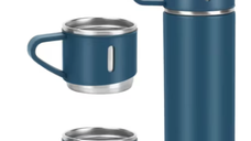 Set termos din inox cu 3 cesti 500ml sticla termoizolanta pentru bauturi fierbinti si reci ALBASTRU