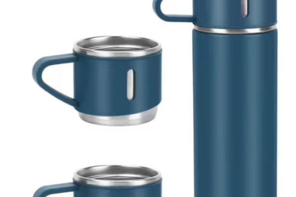 Set termos din inox cu 3 cesti 500ml sticla termoizolanta pentru bauturi fierbinti si reci ALBASTRU
