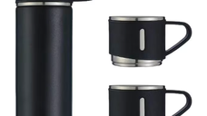 Set termos din inox cu 3 cesti 500ml sticla termoizolanta pentru bauturi fierbinti si reci NEGRU