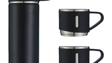 Set termos din inox cu 3 cesti 500ml sticla termoizolanta pentru bauturi fierbinti si reci NEGRU