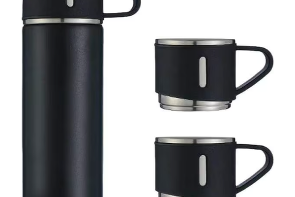 Set termos din inox cu 3 cesti 500ml sticla termoizolanta pentru bauturi fierbinti si reci NEGRU
