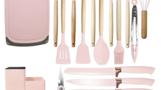 Set ustensile bucatarie 19 piese silicon alimentar cutite tocator termorezistente antiaderente suport blat ROZ