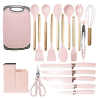 Set ustensile bucatarie 19 piese silicon alimentar cutite tocator termorezistente antiaderente suport blat ROZ - 1