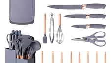 Set ustensile GRI bucatarie 19 piese silicon alimentar cutite tocator termorezistente antiaderente suport blat GRI