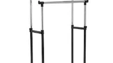 Stender mobil dublu supor metalic pentru haine si umerase cu roti